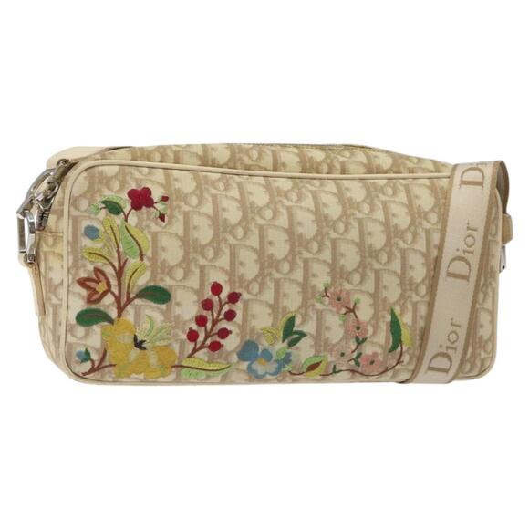 DIOR Trotter Canvas Flower Shoulder Bag Beige Silver - Picture 1 of 12